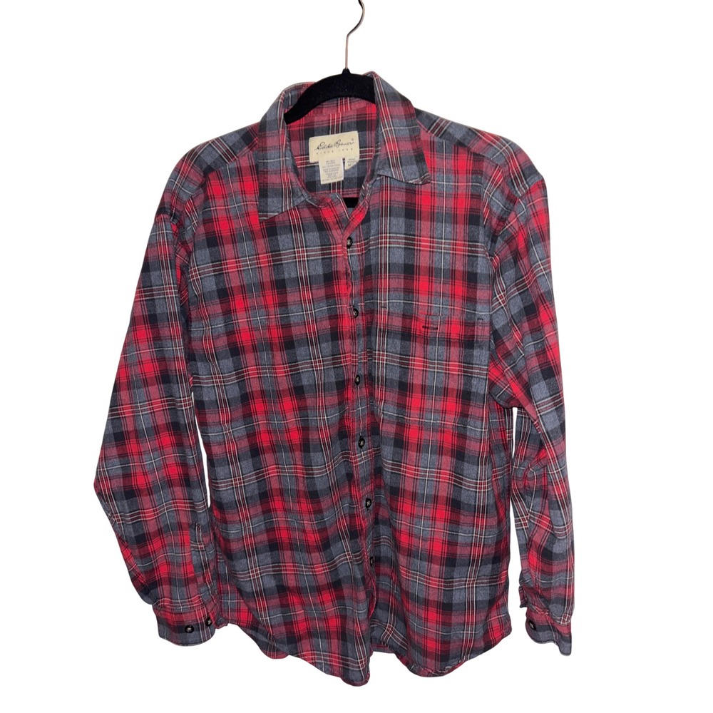 Eddie Bauer Plaid Button Down Mens Medium Red Charcoal 100% Cotton